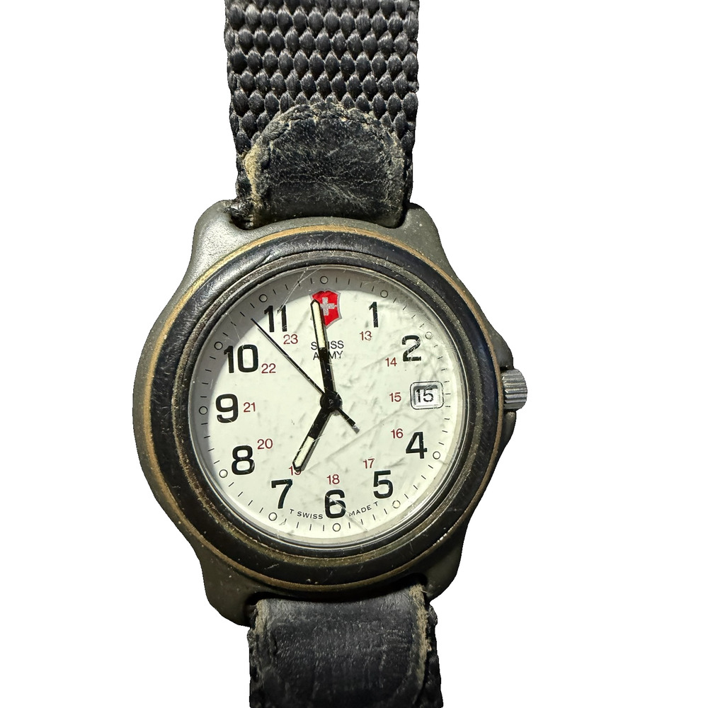 Vintage Swiss Army Brand Men's Watch White Dial Date Black Nylon Strap 330ft WR